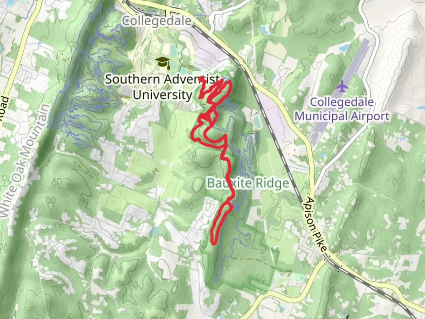 An image depicting the trail Oak Hole Lane, Sabbat Trail, Rolling Ridge, Lookout Hill and Pogo's Place and its surrounding area.