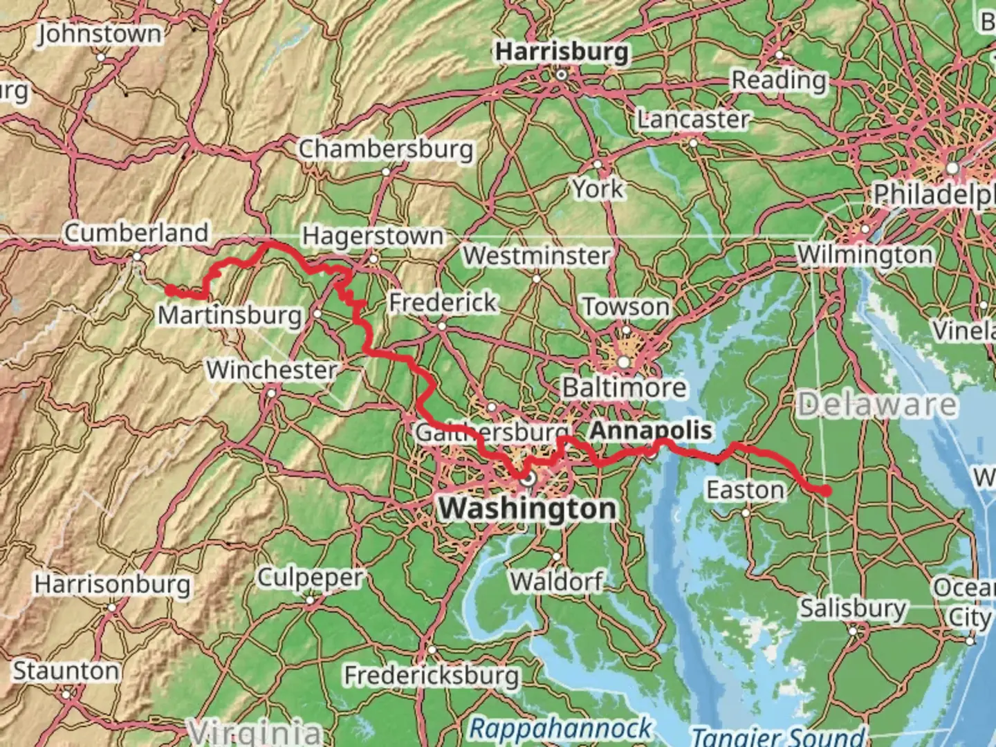 An image depicting the trail American Discovery Trail - Maryland and Washington DC and its surrounding area.