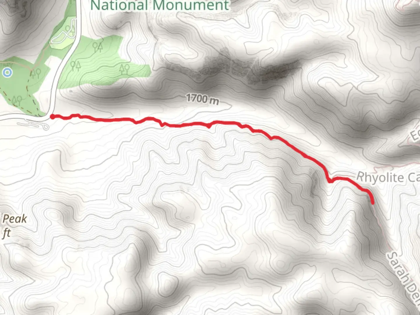 An image depicting the trail Lower Rhyolite Canyon Trail and Sarah Deming Trail and its surrounding area.