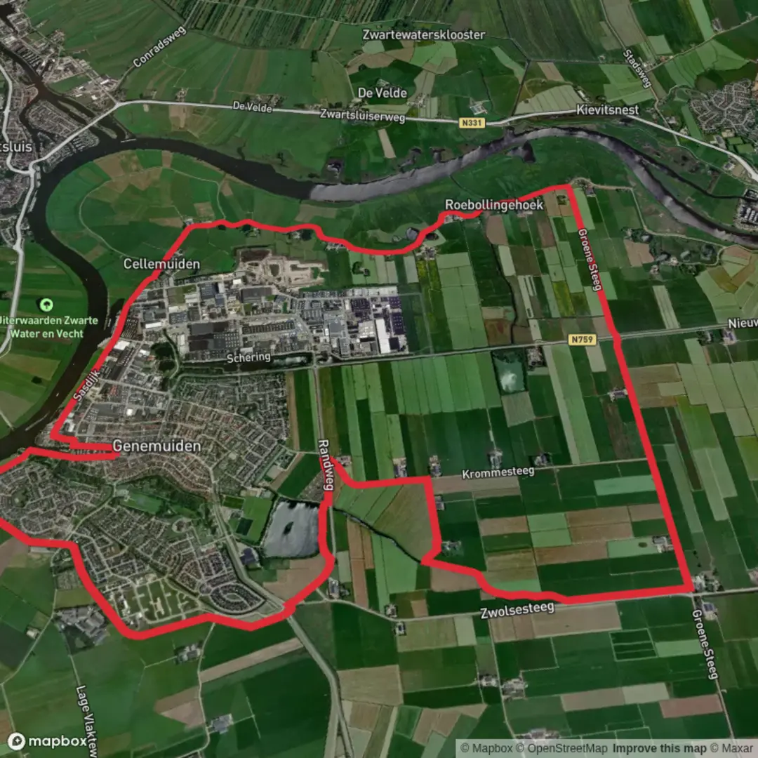 An image depicting the trail Rand Weg, Polleboers Weg and Groene Steeg Loop and its surrounding area.