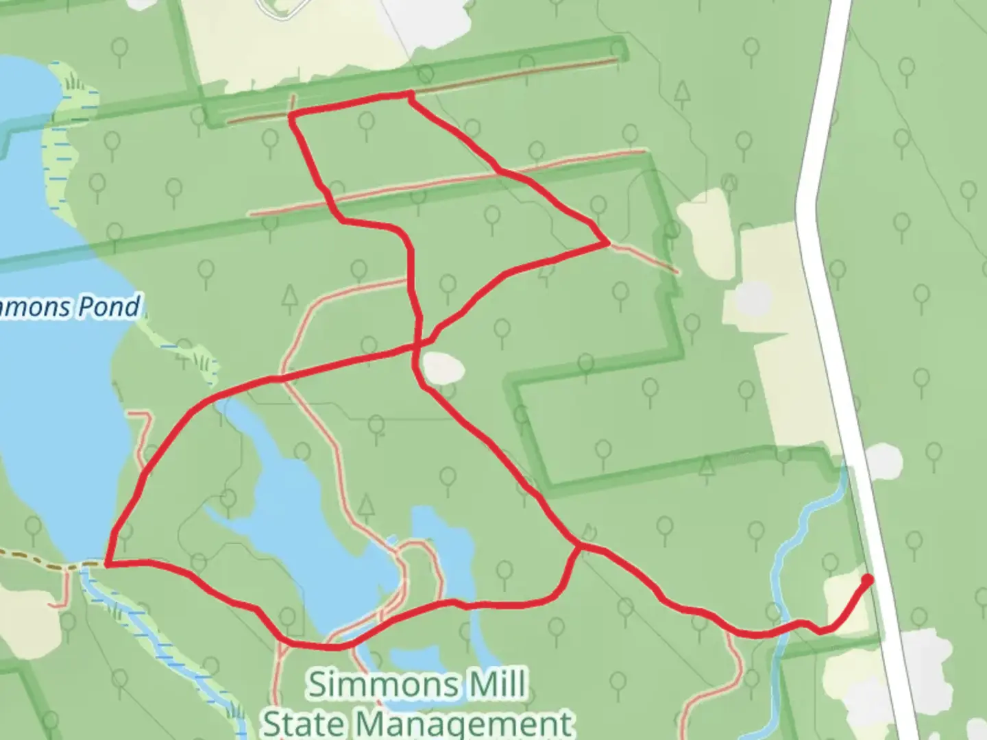 An image depicting the trail Simmons Pond and John Dyer Loop Trail and its surrounding area.
