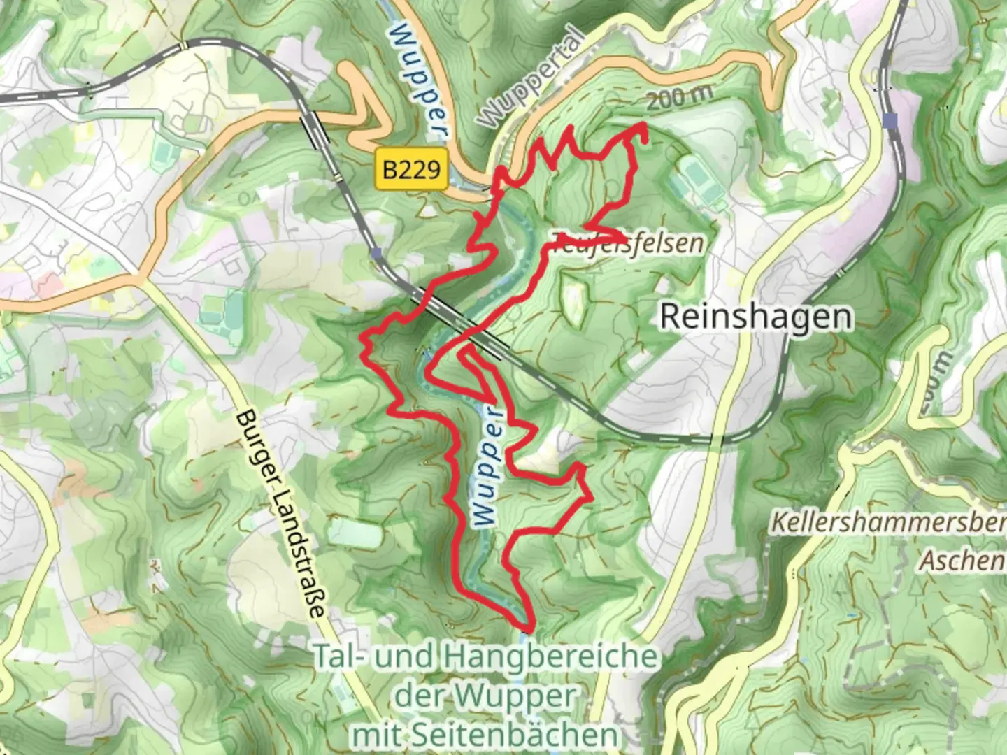 An image depicting the trail Wupper via Bergischer Weg and Gueldenwerth Bahnhof and its surrounding area.