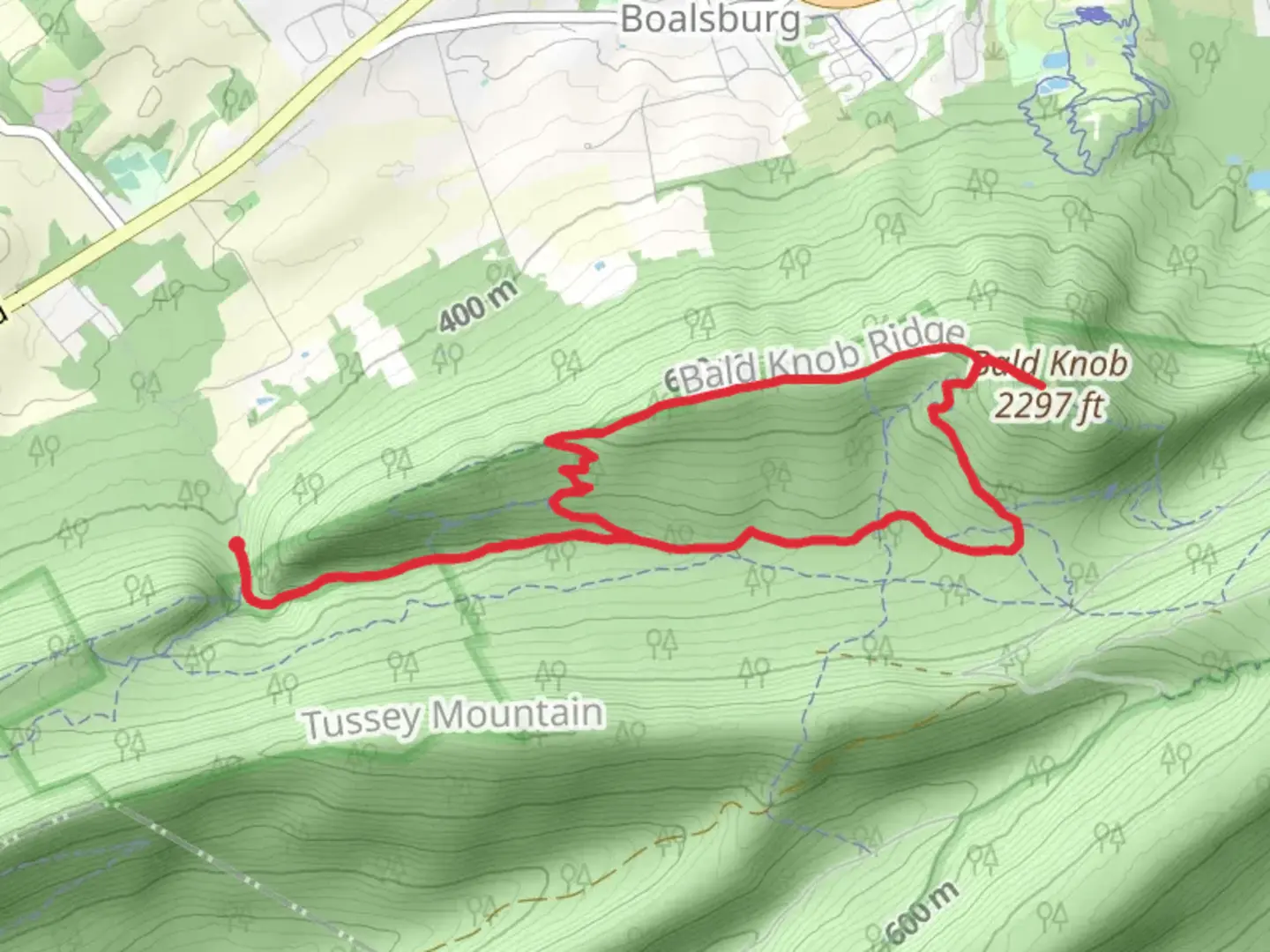 An image depicting the trail Bald Knob via Thickhead Mountain Loop Trail and its surrounding area.