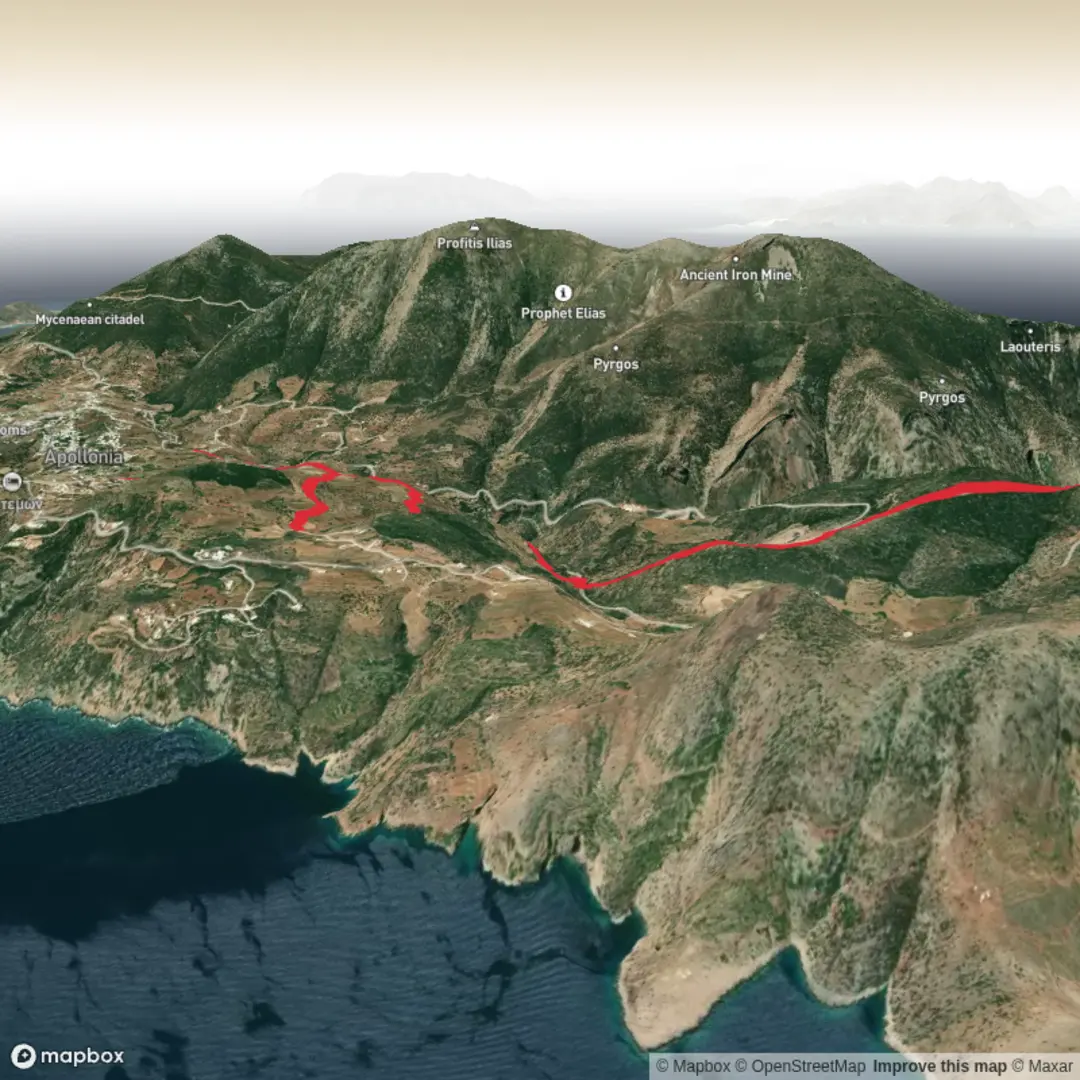 An image depicting the trail Artemonas to Agios Simeon and its surrounding area.