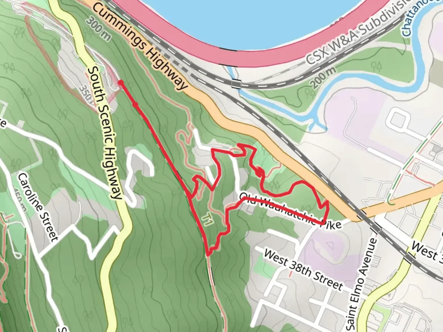 An image depicting the trail Guild Trail and Old Wauhatchie Pike Loop and its surrounding area.