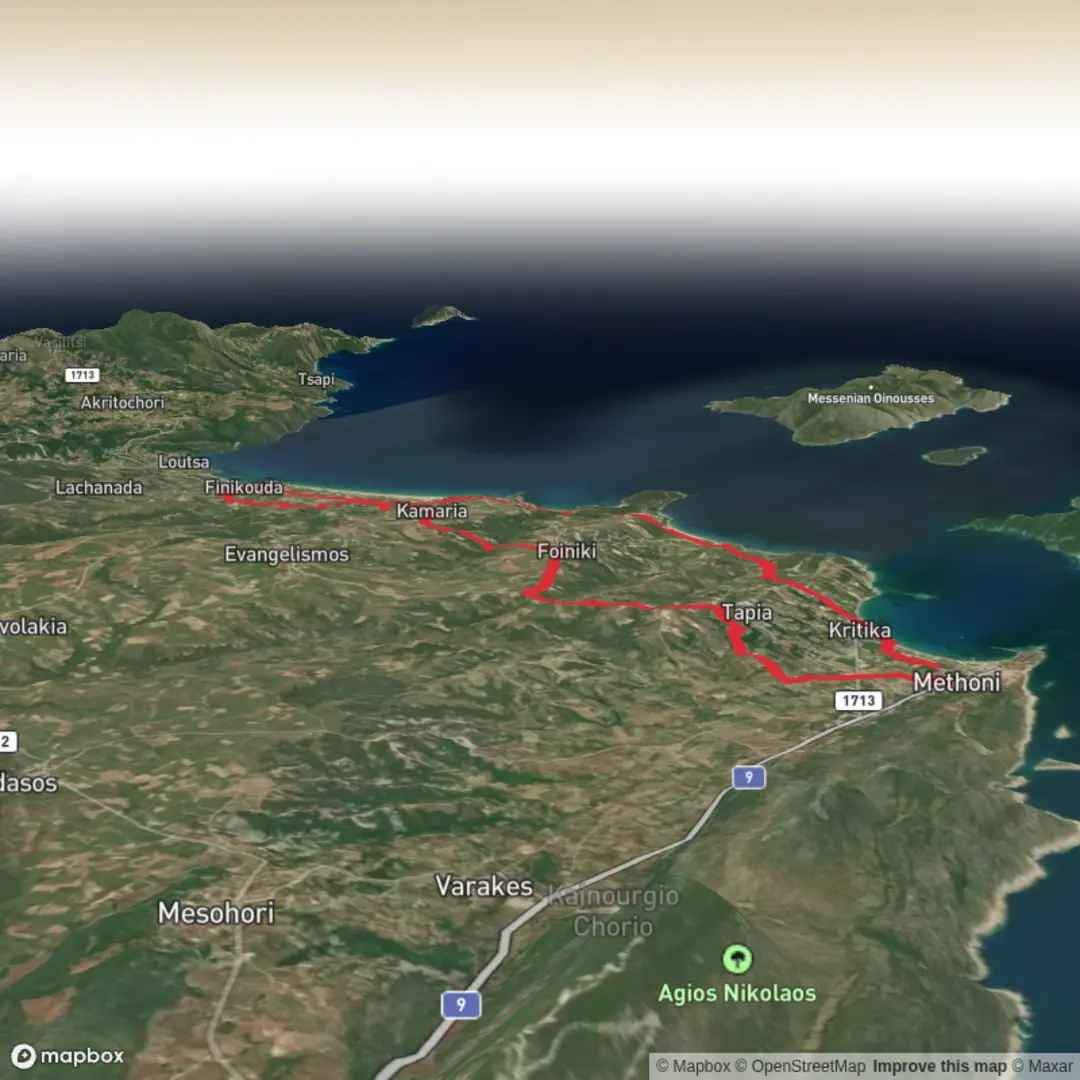 An image depicting the trail Finikounda to Methoni and its surrounding area.