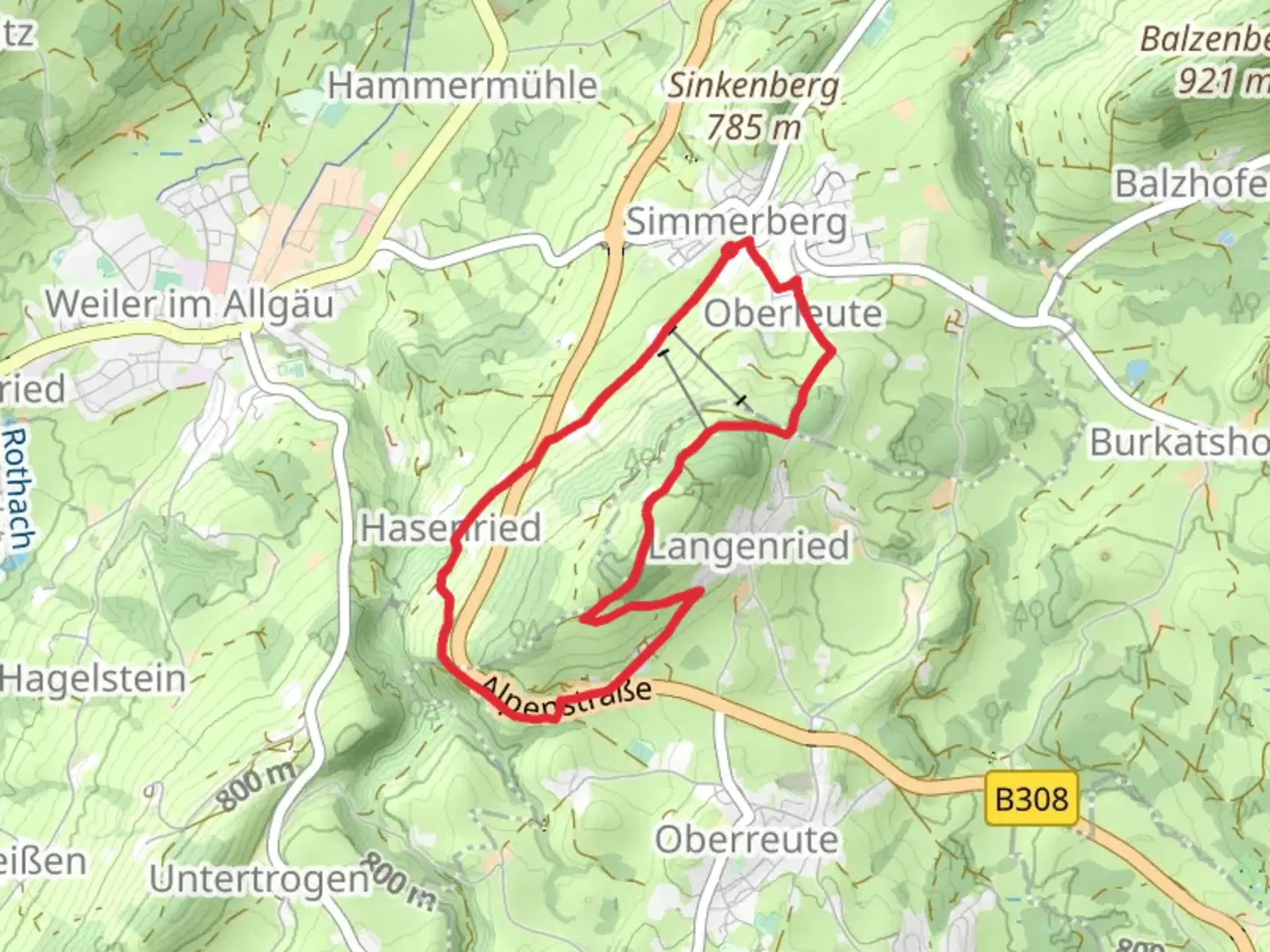 An image depicting the trail Oberberg Loop via Muenchner Jakobsweg and its surrounding area.