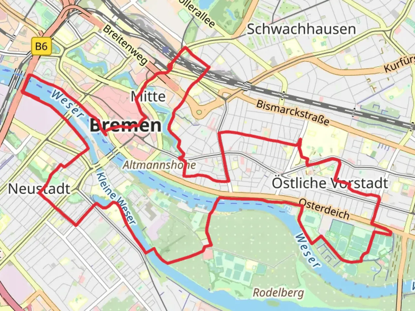 An image depicting the trail Bahnhofsvorstadt and Wasserwerk Loop and its surrounding area.