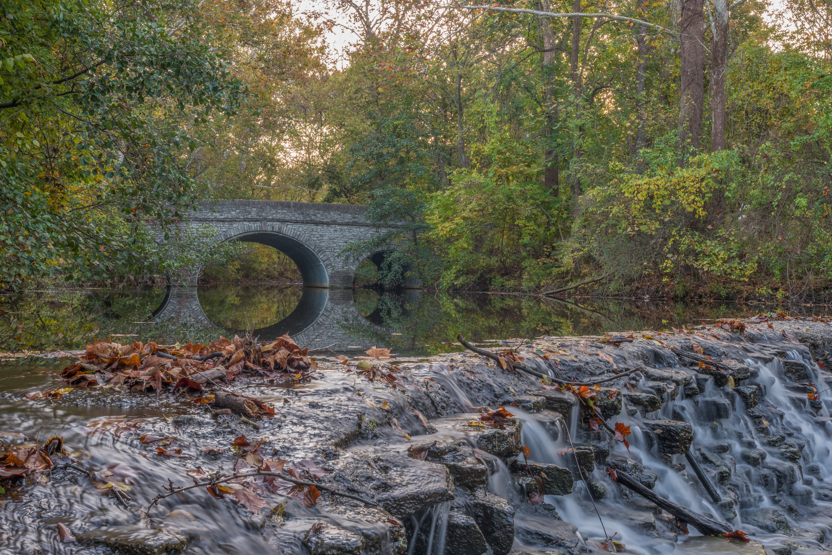 An image depicting the trail Lower Buckeye Falls and Sharon Woods Lake in Sharon Woods and its surrounding area.