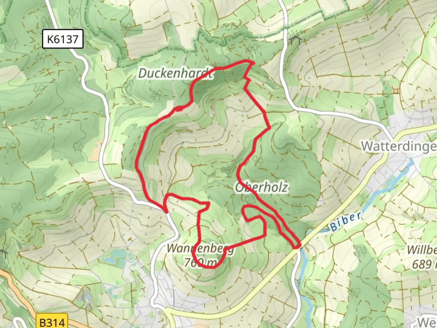 An image depicting the trail Wannenberg via Alter Postweg and its surrounding area.