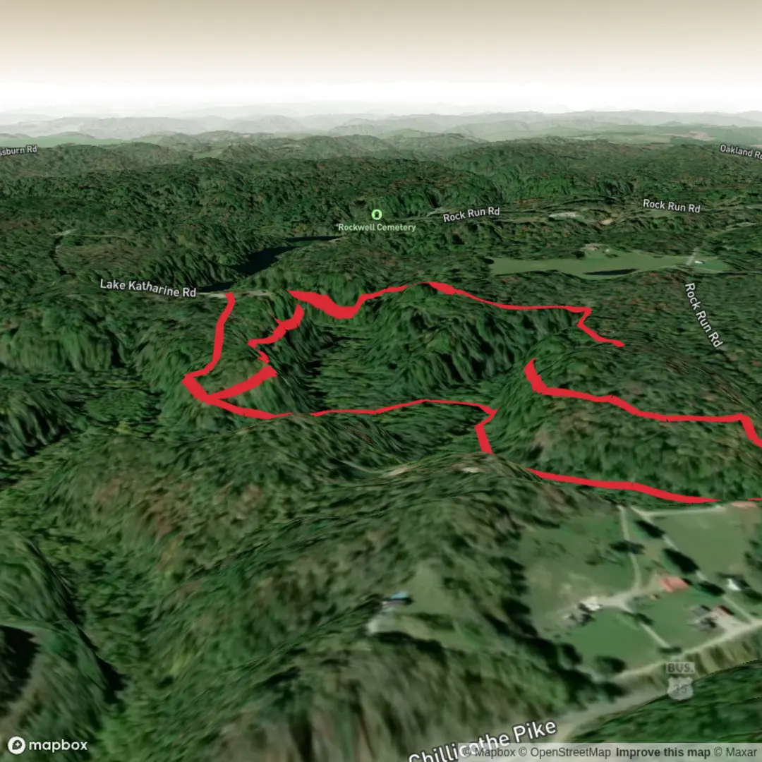 An image depicting the trail Rock Run Falls via Calico Bush Trail and Pine Ridge Trail and its surrounding area.