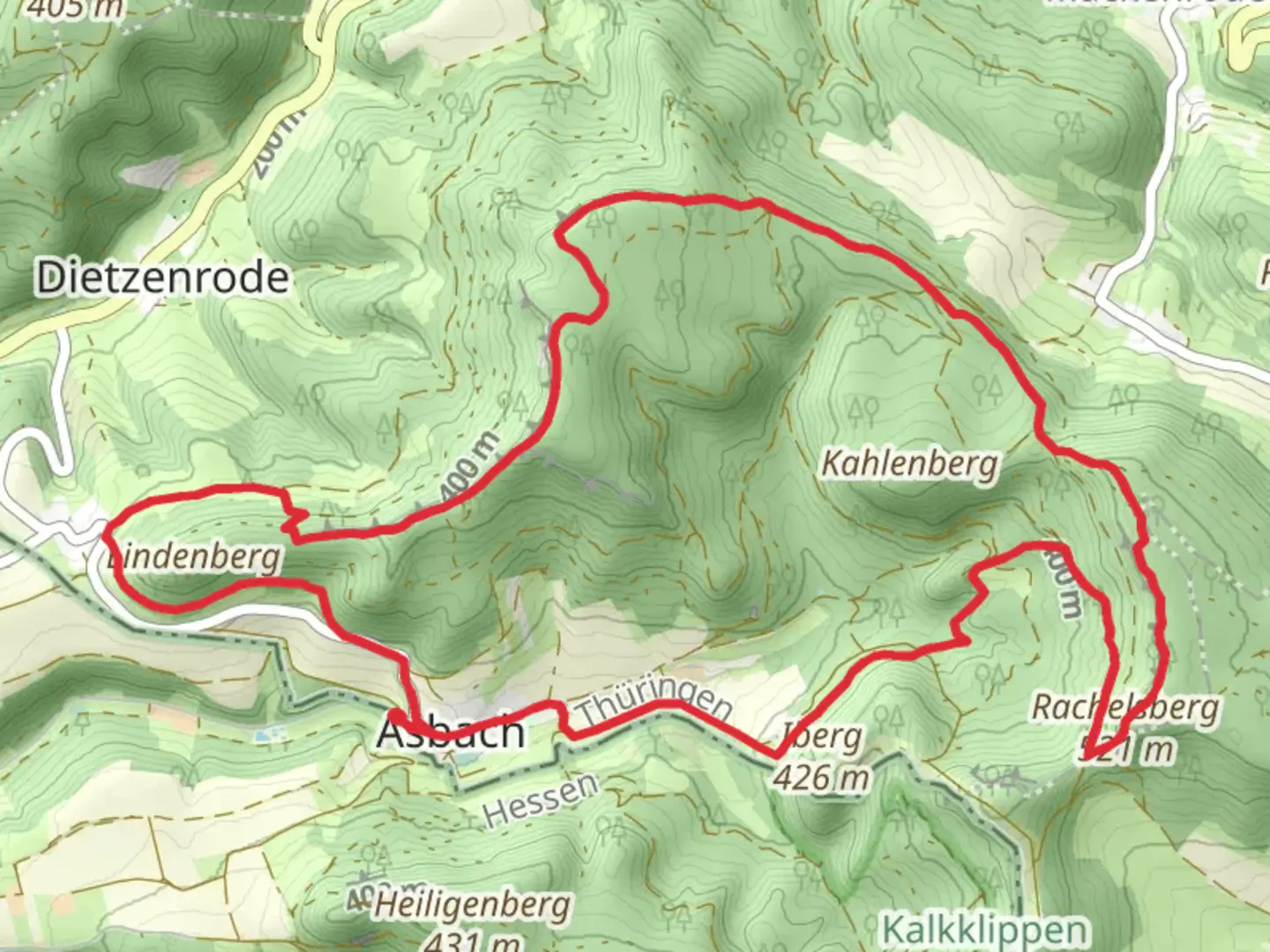 An image depicting the trail Rachelsberg and Dietzenroeder Stein via Werra Burgen Steig and its surrounding area.