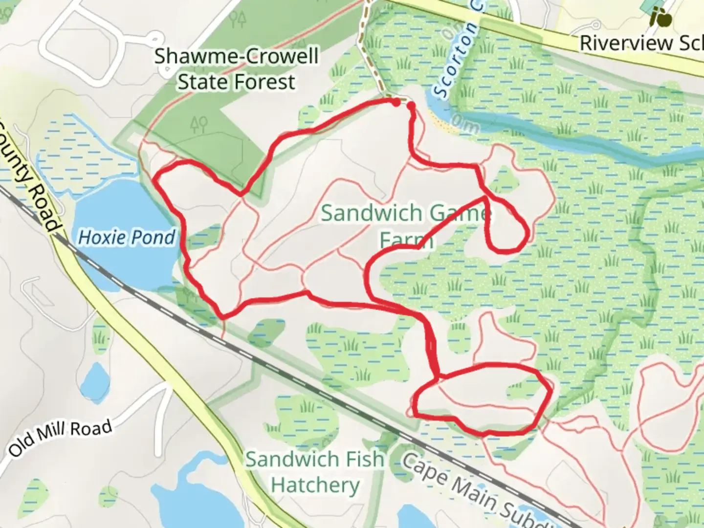 An image depicting the trail Hoxie Pond Loop and its surrounding area.