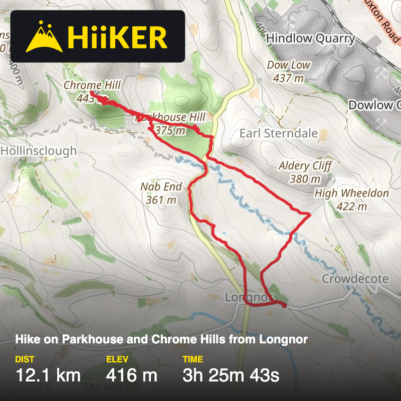 A map preview of the recording Hike on Parkhouse and Chrome Hills from Longnor.