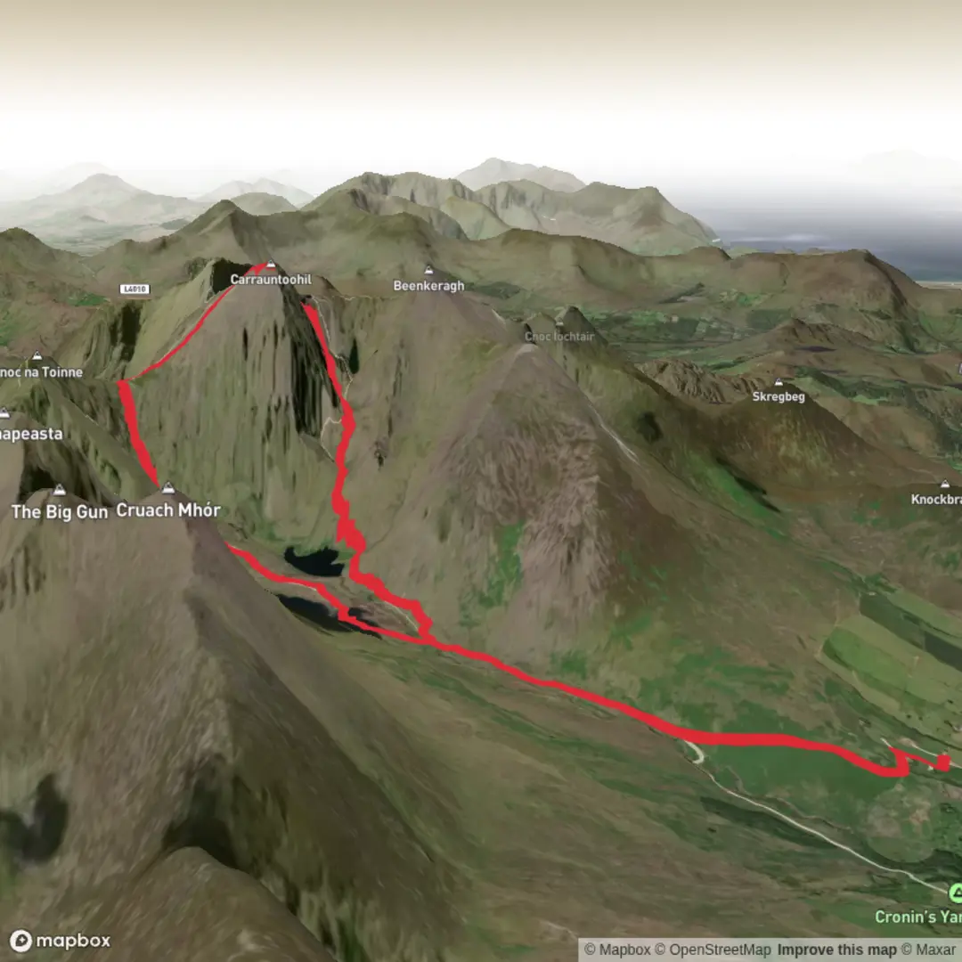 An image depicting the trail Carrauntoohil via Curved Gully and its surrounding area.
