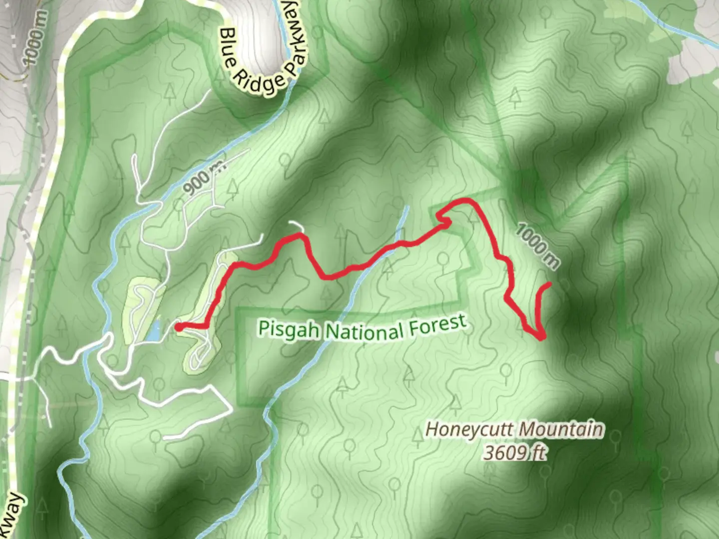 An image depicting the trail Honeycutt Mountain Ridge via West S Moody Memorial Drive and its surrounding area.