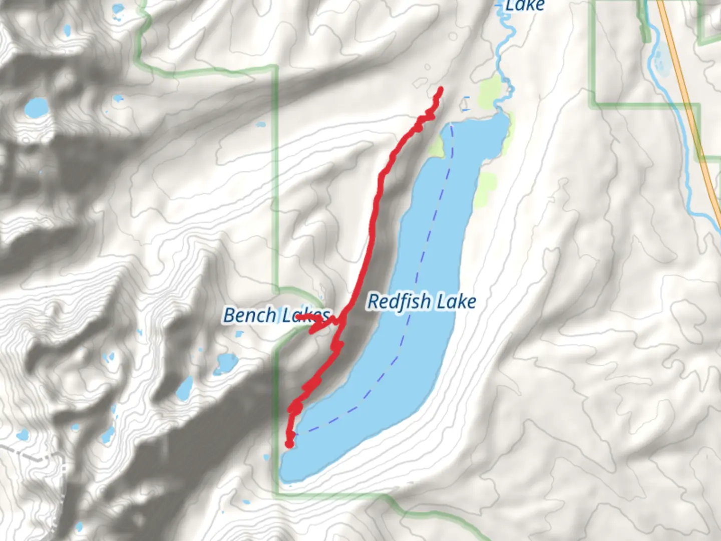 An image depicting the trail Bench Lakes via Redfish Creek-Baron Creek Trail and its surrounding area.