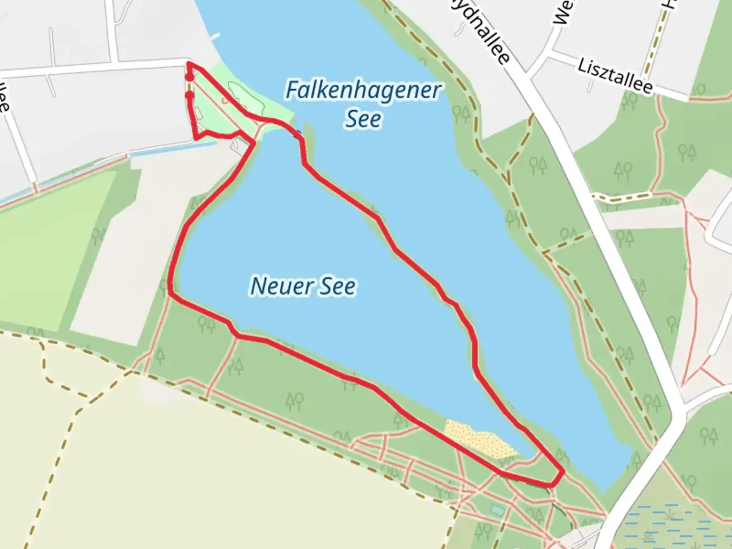 An image depicting the trail Rundwanderweg Neuer See Loop and its surrounding area.