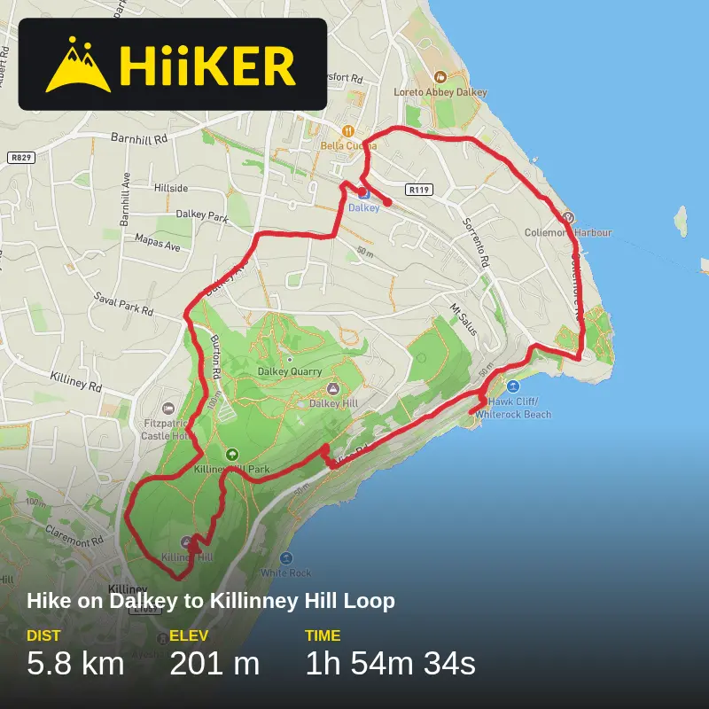 A map preview of the recording Hike on Dalkey to Killinney Hill Loop.