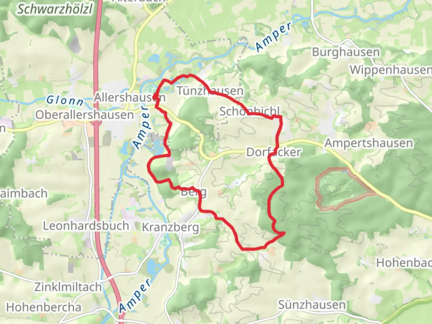 An image depicting the trail Abschnittswall, Sauberg and Tunzhausen Loop and its surrounding area.