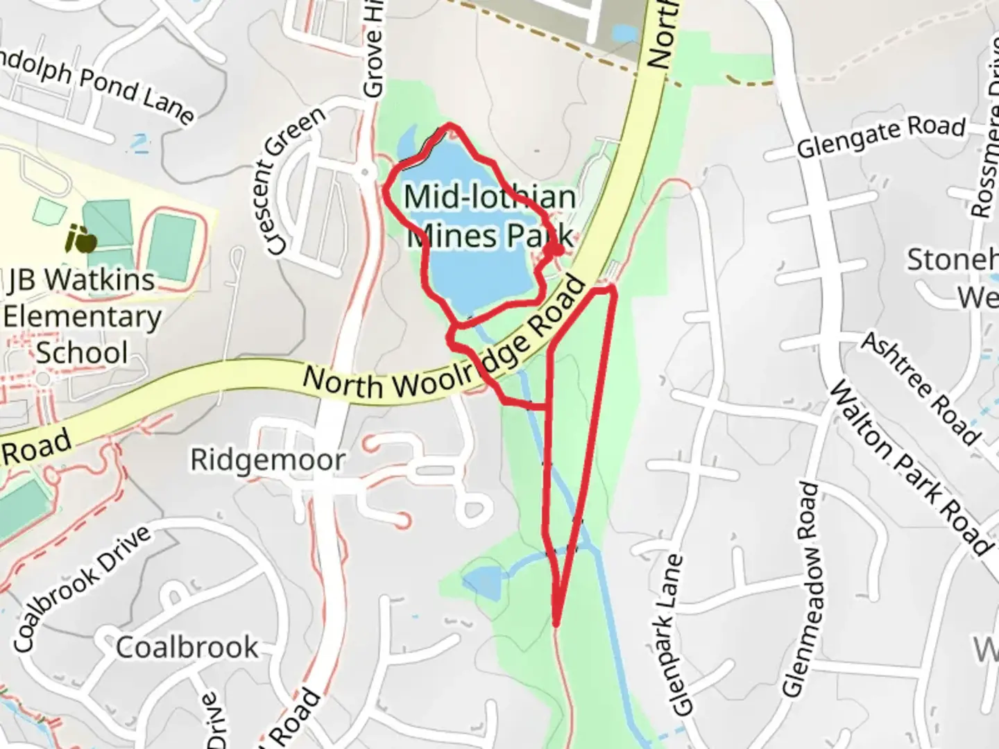 An image depicting the trail Loch Lothian and Mid-othian Mine Park Loop and its surrounding area.