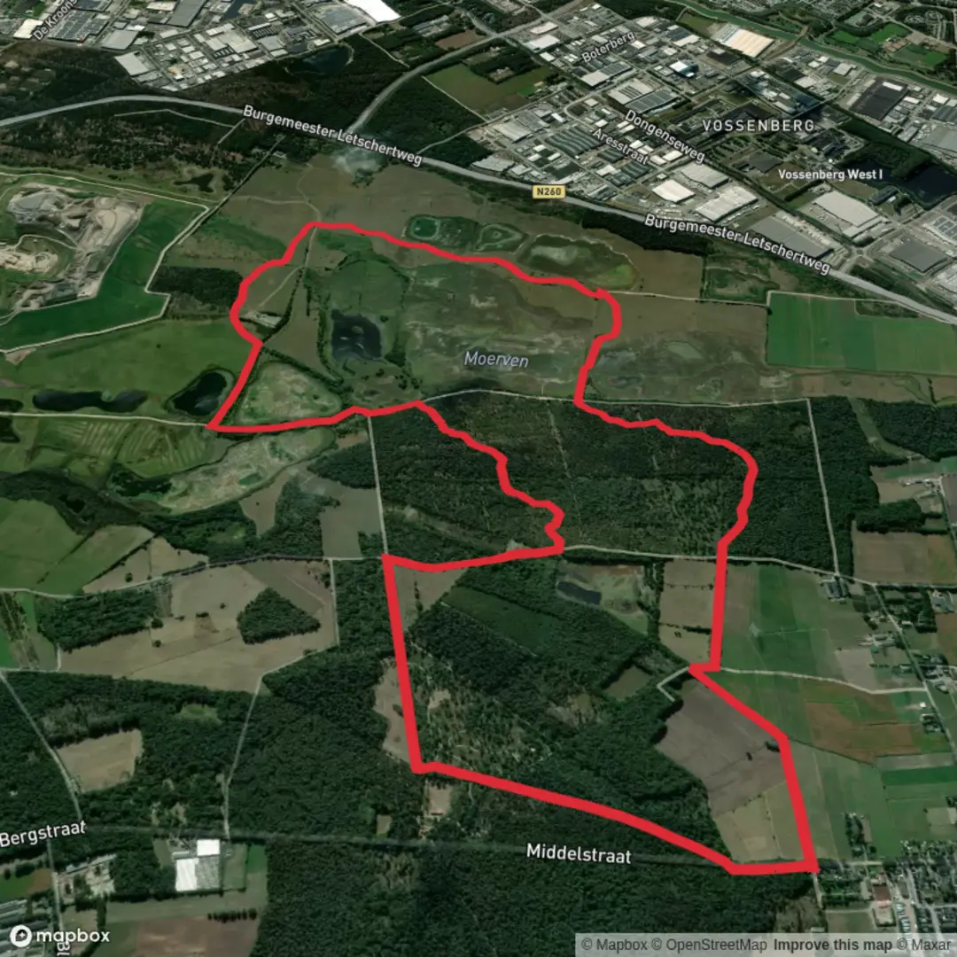 An image depicting the trail Galgenven and Moerven via Molenbaan and Hertogenpad and its surrounding area.