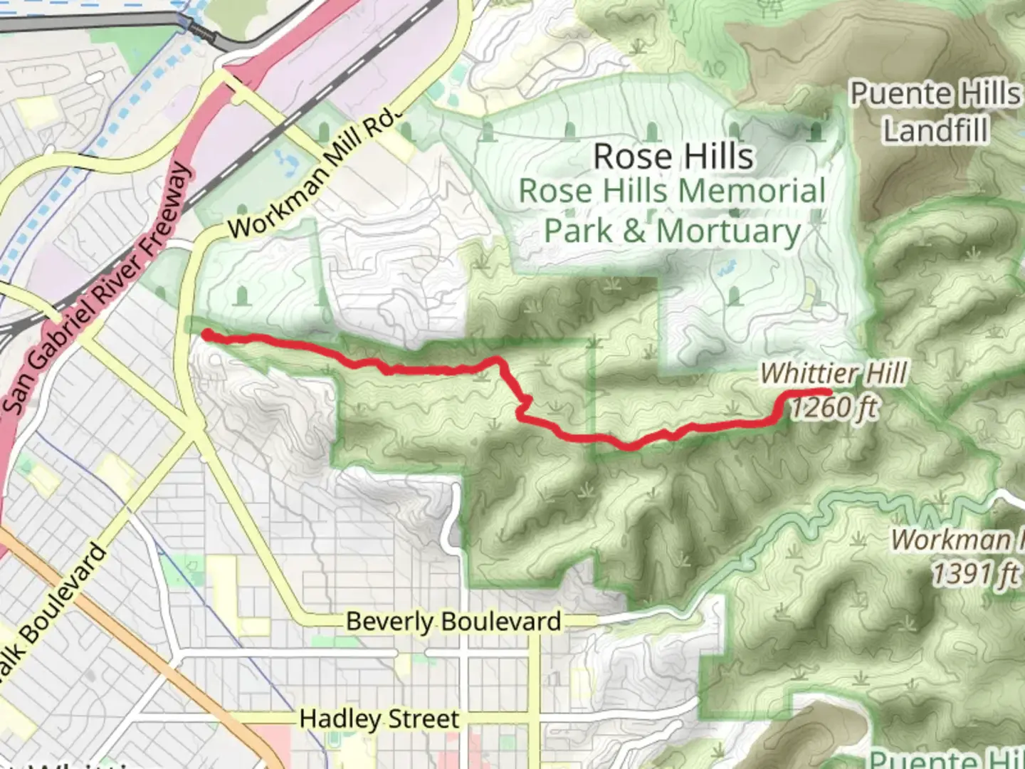 An image depicting the trail Whittier Hill via Sycamore Canyon Trail and Rattlesnake Ridge Trail and its surrounding area.