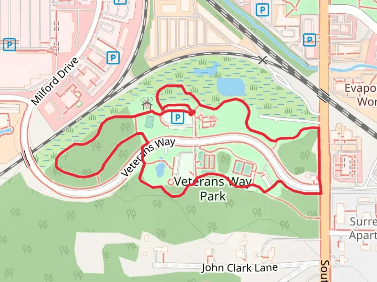 An image depicting the trail Veterans Way Park Loop and its surrounding area.