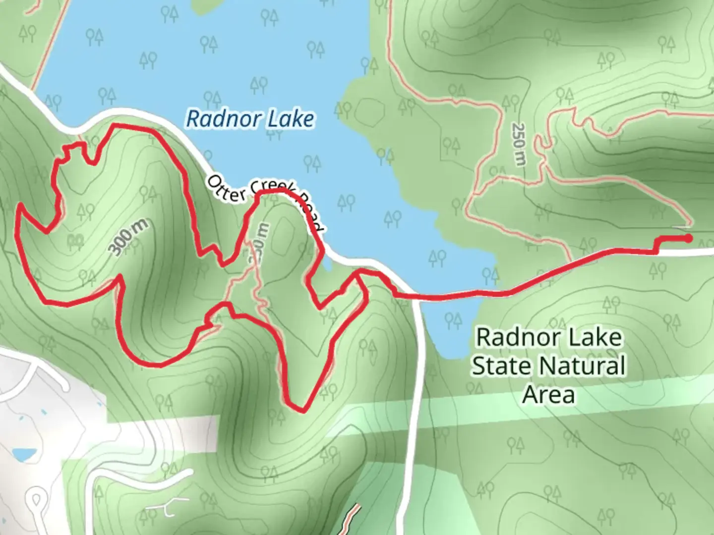 An image depicting the trail Radnor Lake - South Cove Loop Trail from Otter Creek Road and its surrounding area.