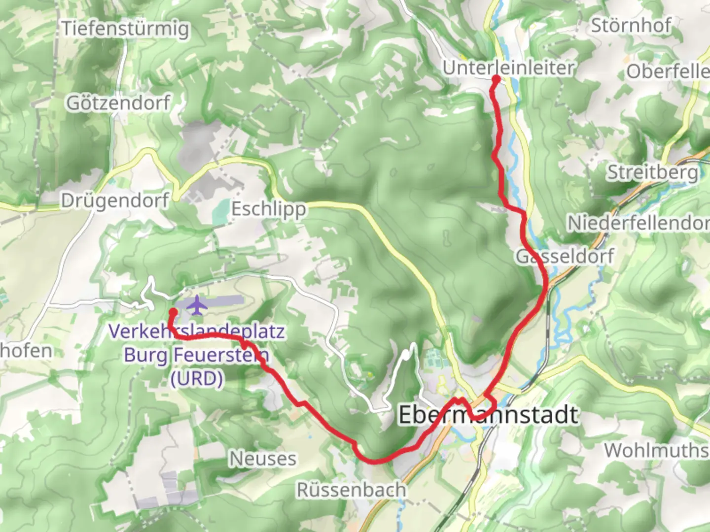 An image depicting the trail Flugplatzgaststaette to Unterleinleiter via Feuerstein-Unterleinleiter and its surrounding area.