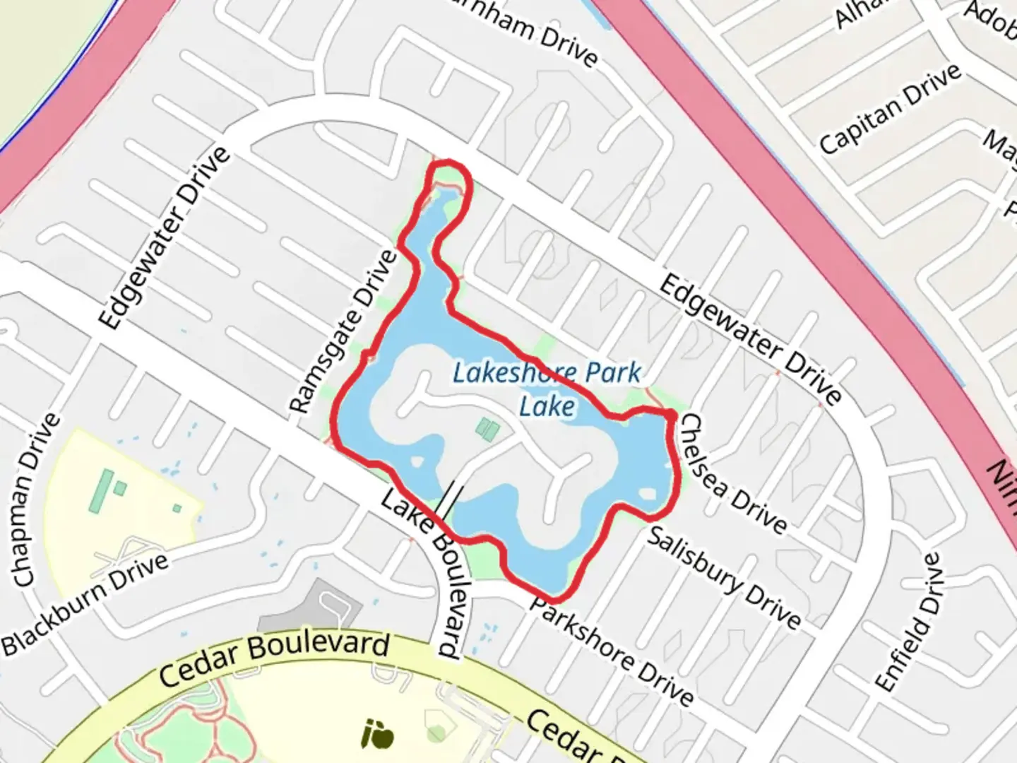An image depicting the trail Lakeshore Park Loop and its surrounding area.