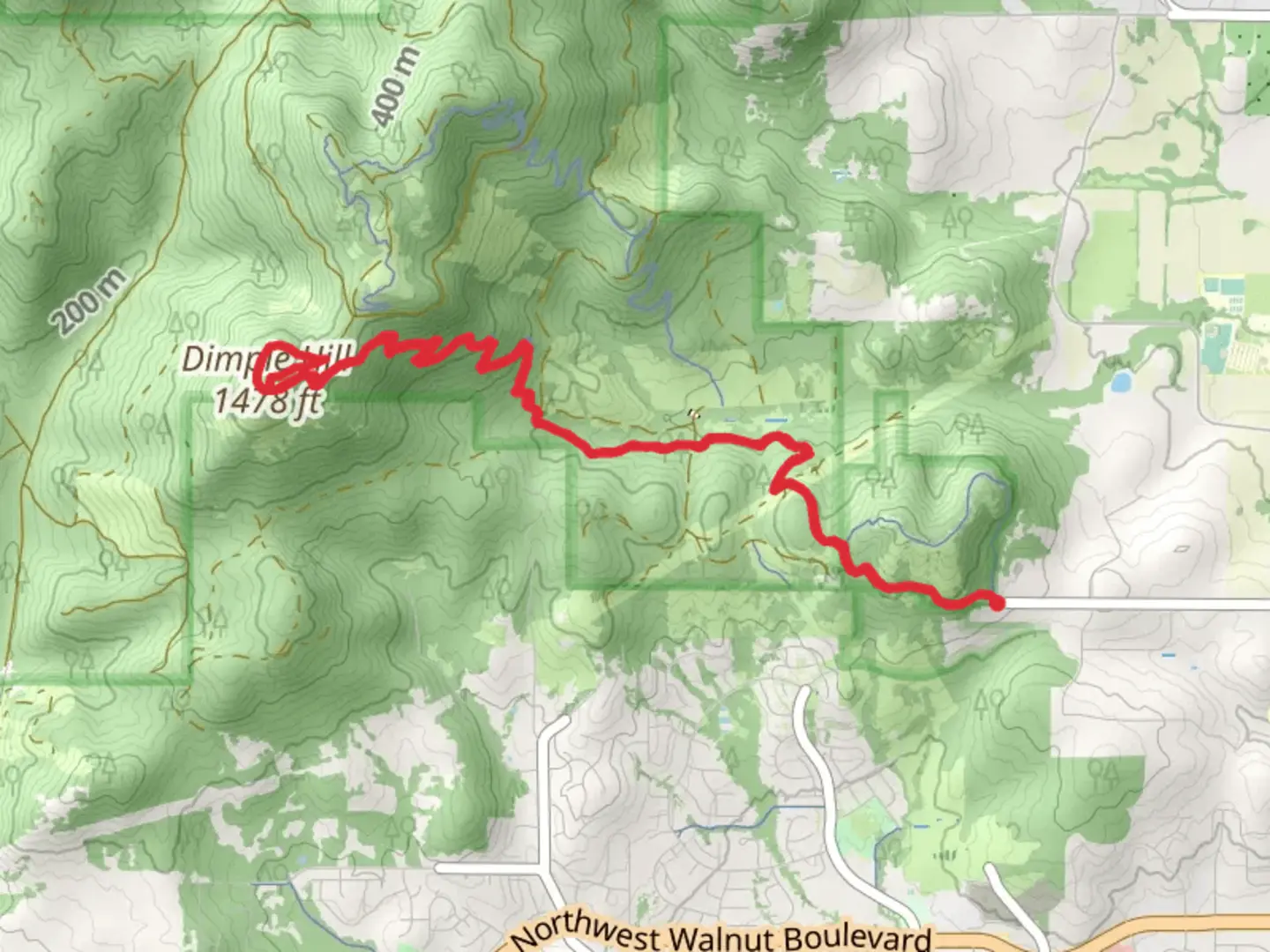 An image depicting the trail Dimple Hill via Chip Ross Trail and its surrounding area.