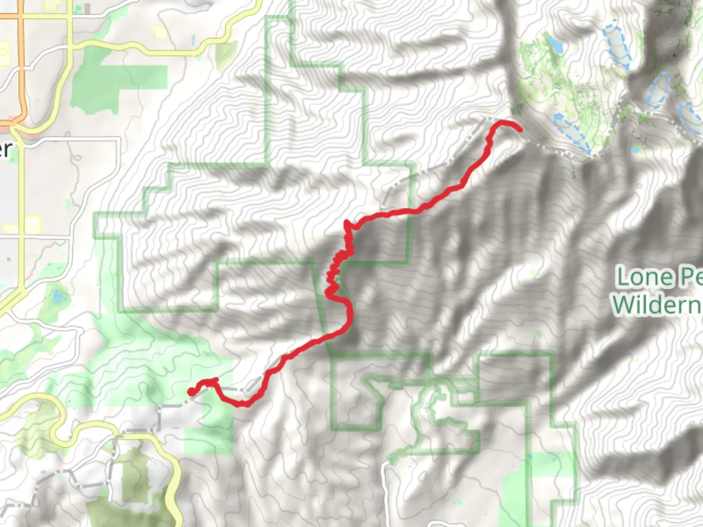 An image depicting the trail Enniss Peak and Lone Peak via Jacobs Ladder and its surrounding area.