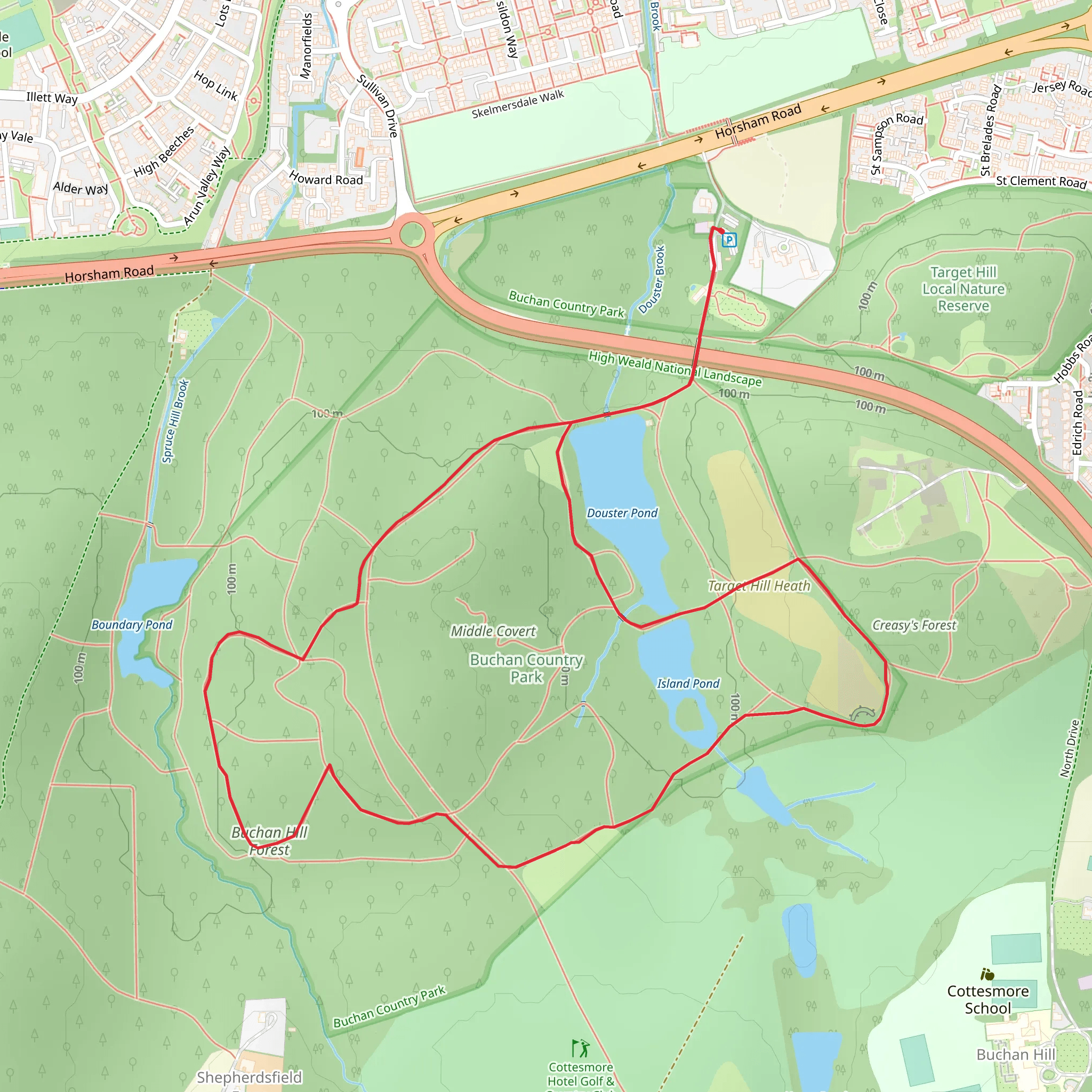 Buchan Hill Forest, Island and Douster Pond Loop mobile static map