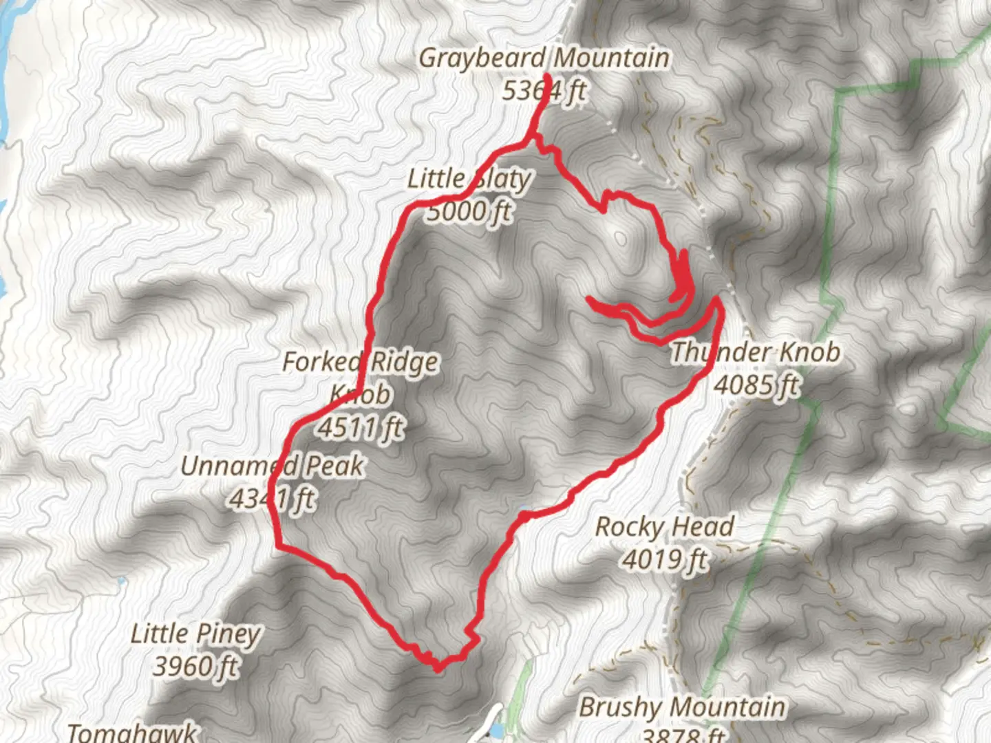 An image depicting the trail Forked Ridge Know and Greybeard Mountain Loop Trail and its surrounding area.