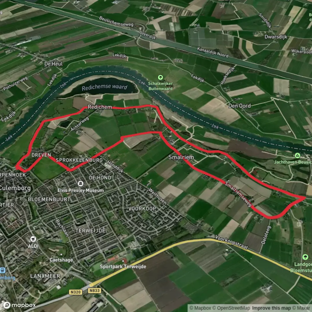 An image depicting the trail Polder Redichem and De Geer Loop and its surrounding area.