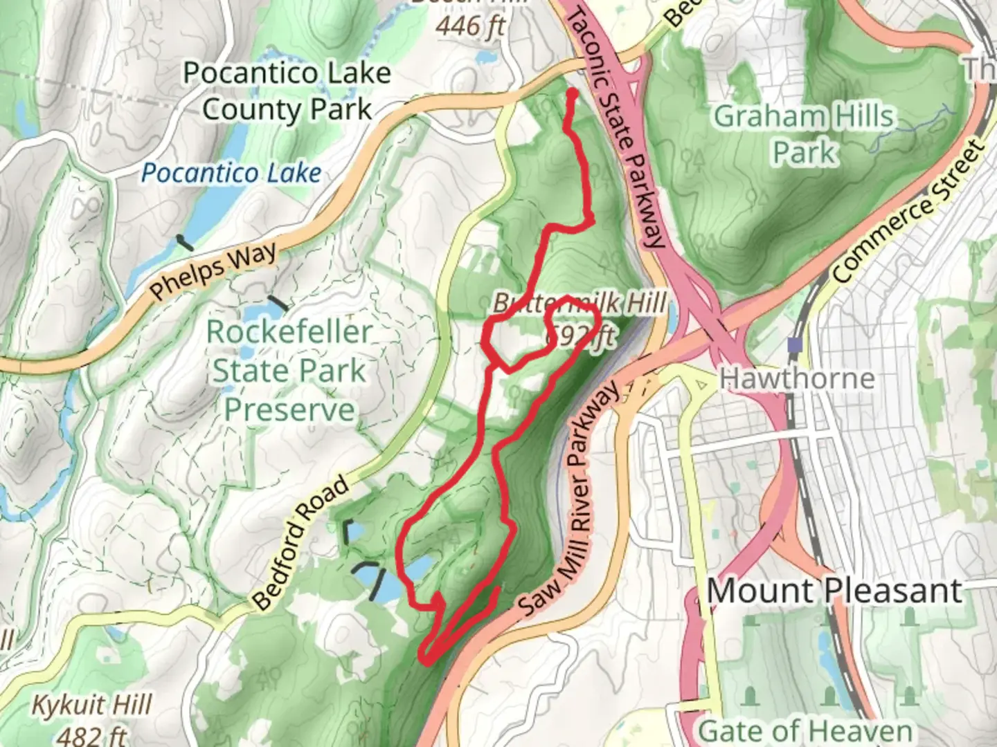 An image depicting the trail Buttermilk Hill and Pocantico Hills Loop Trail and its surrounding area.