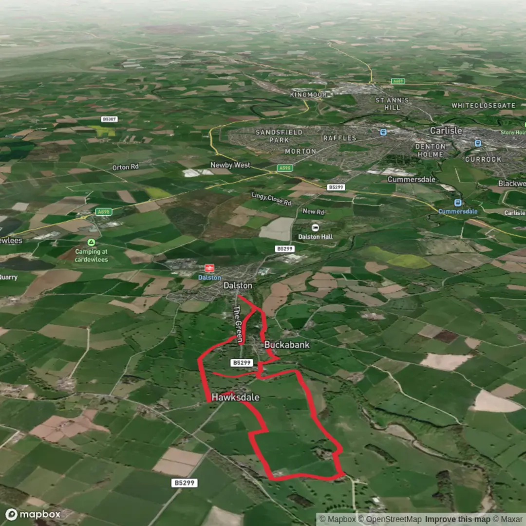 An image depicting the trail Dalston - Hawksdale circular and its surrounding area.