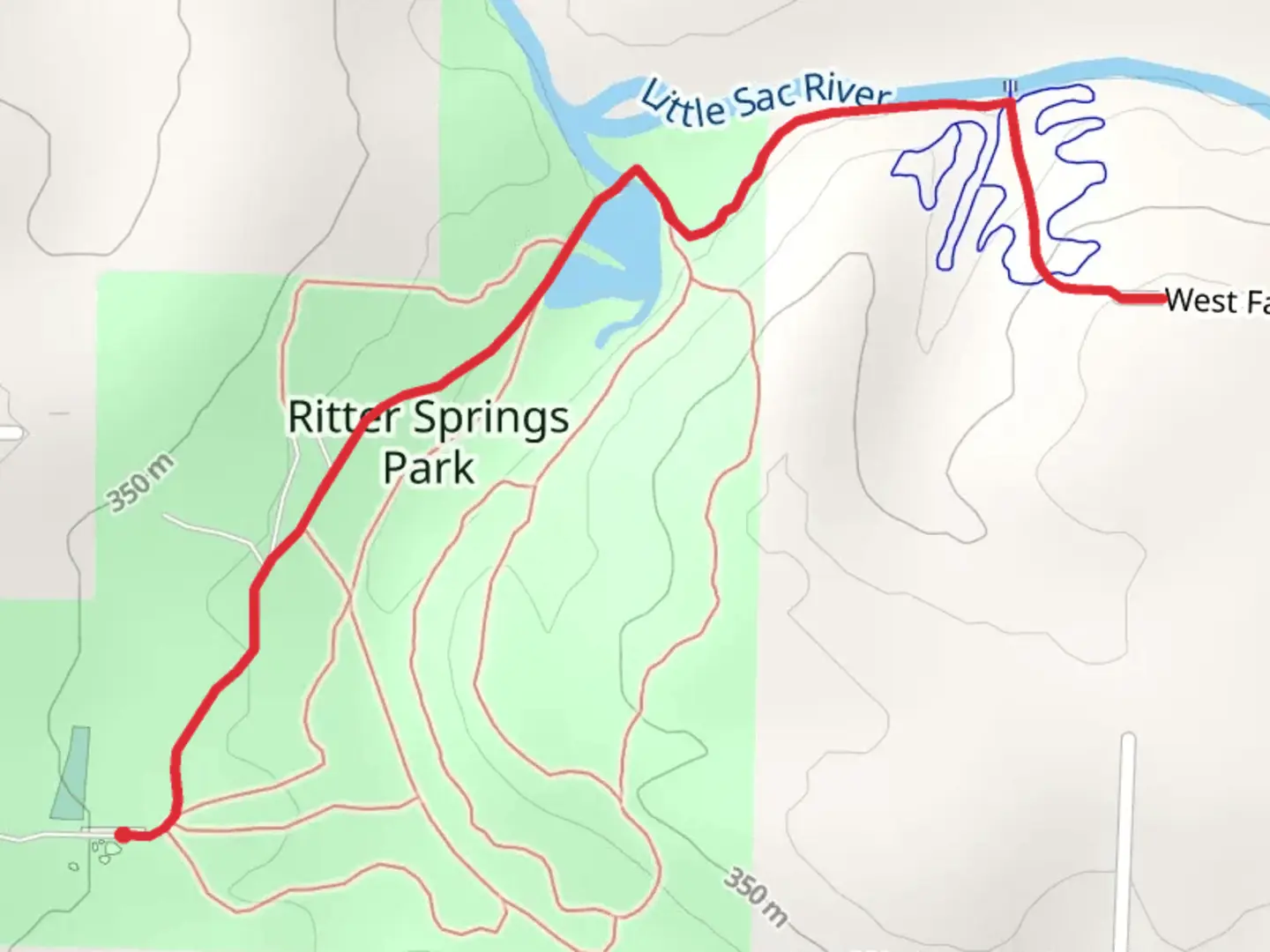 An image depicting the trail South Dry Sac River via Fulbright Spring Greenway and its surrounding area.