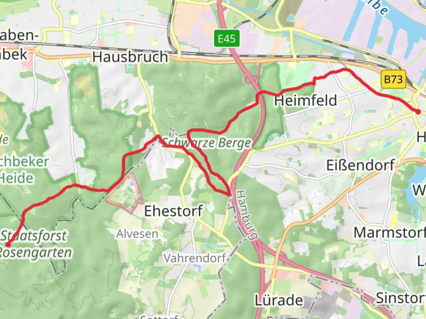 An image depicting the trail Tempelberg to Harburg Rathaus via Wanderweg 23 and its surrounding area.