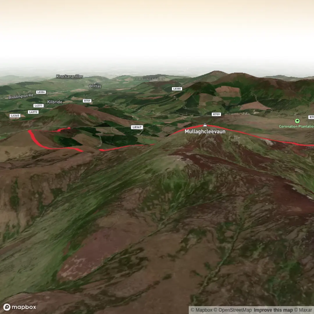 An image depicting the trail Mullaghcleevaun from Ballynultagh Gap and its surrounding area.