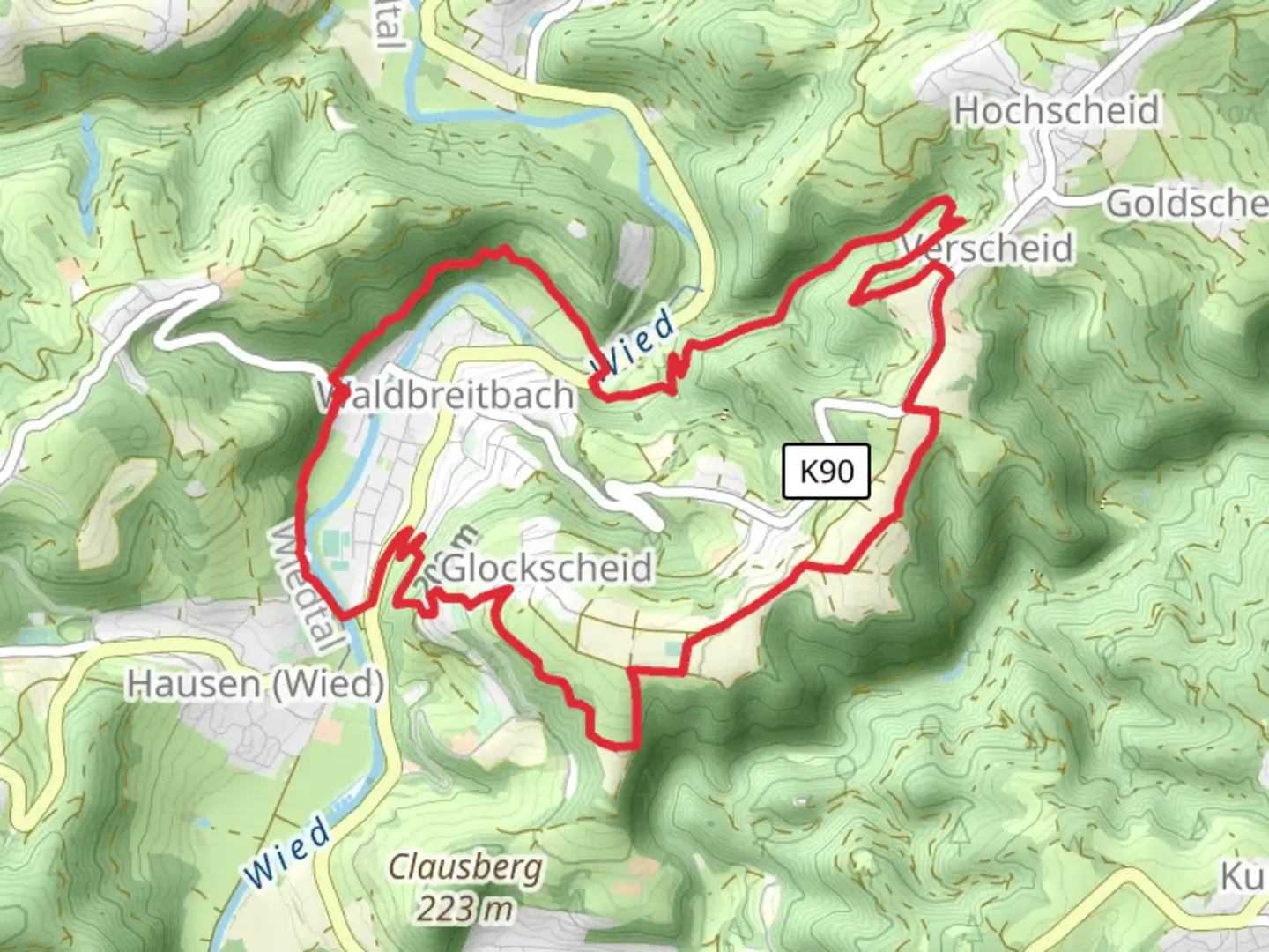 An image depicting the trail Waeller Tour and Wiedweg Loop and its surrounding area.