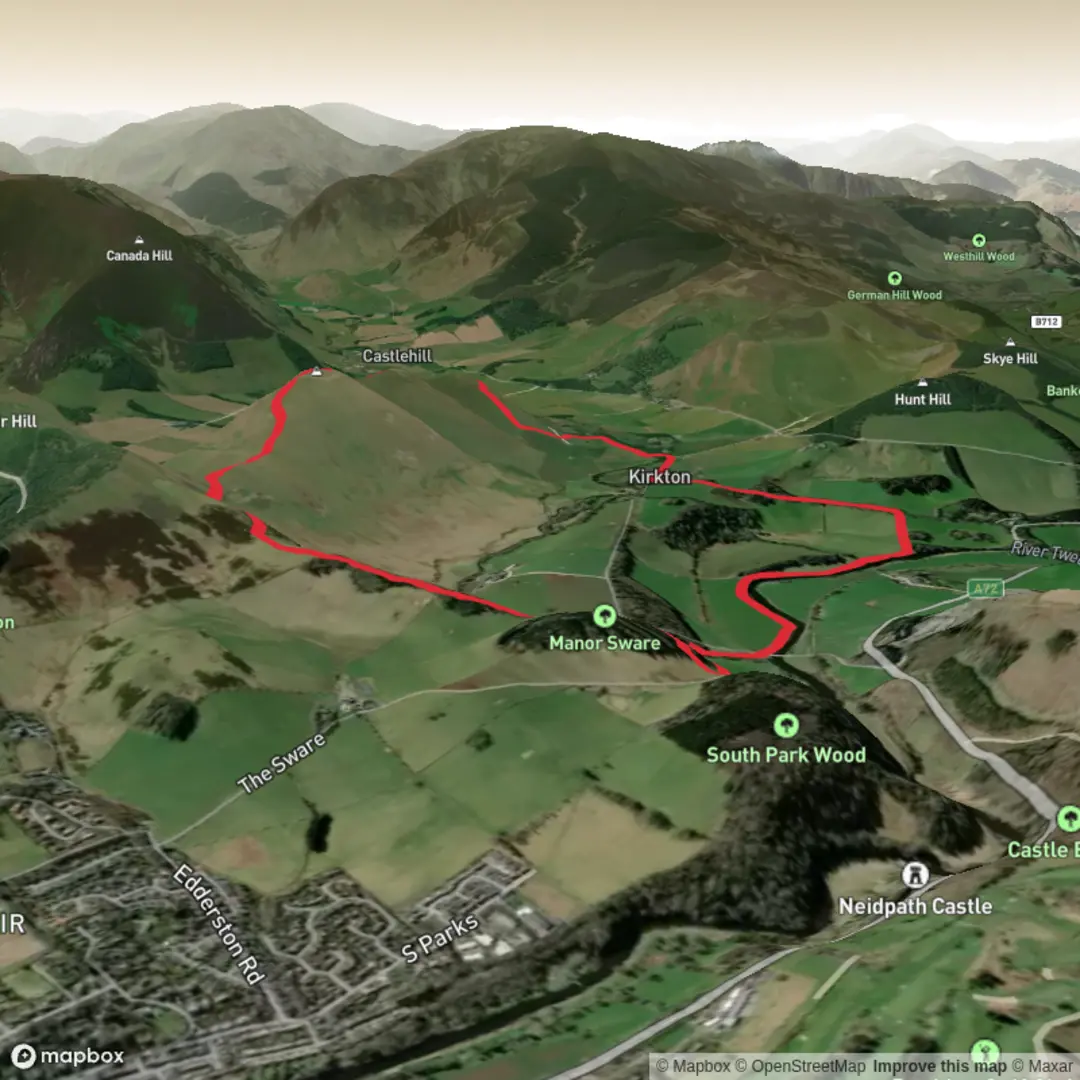 An image depicting the trail Monorbridge Wood, Cademuir fort and Tweed Valley Loop and its surrounding area.