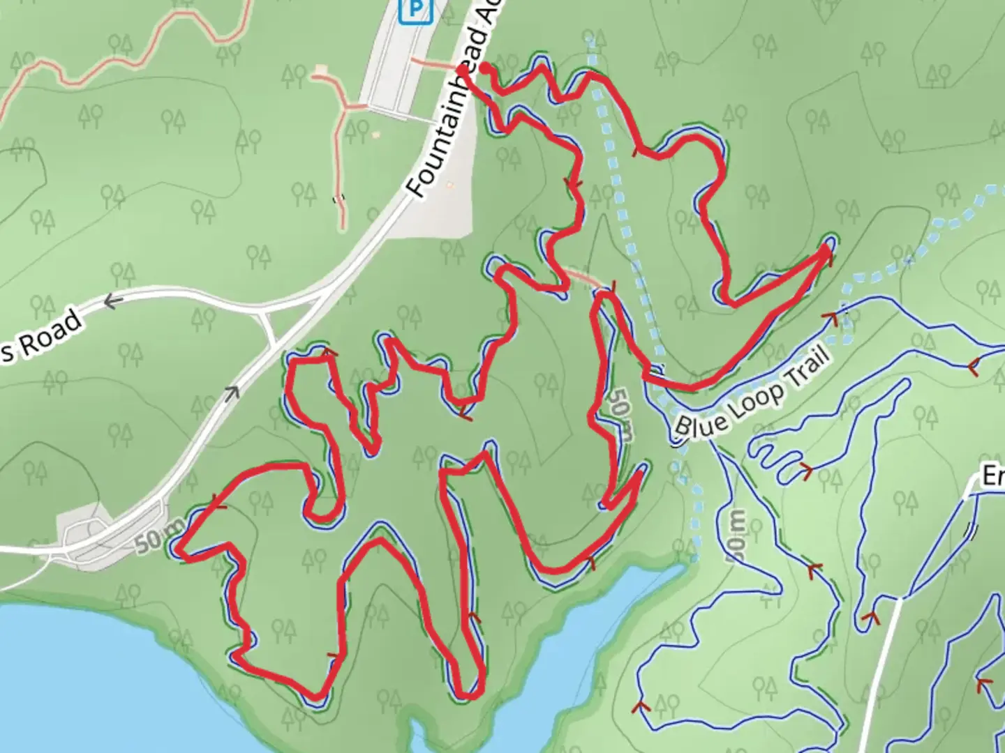 An image depicting the trail Green loop Entrance and Exit Loop and its surrounding area.