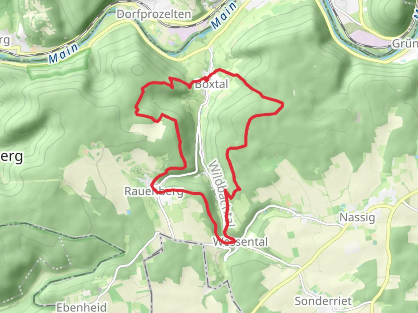 An image depicting the trail Boxtal and Wessental Loop and its surrounding area.