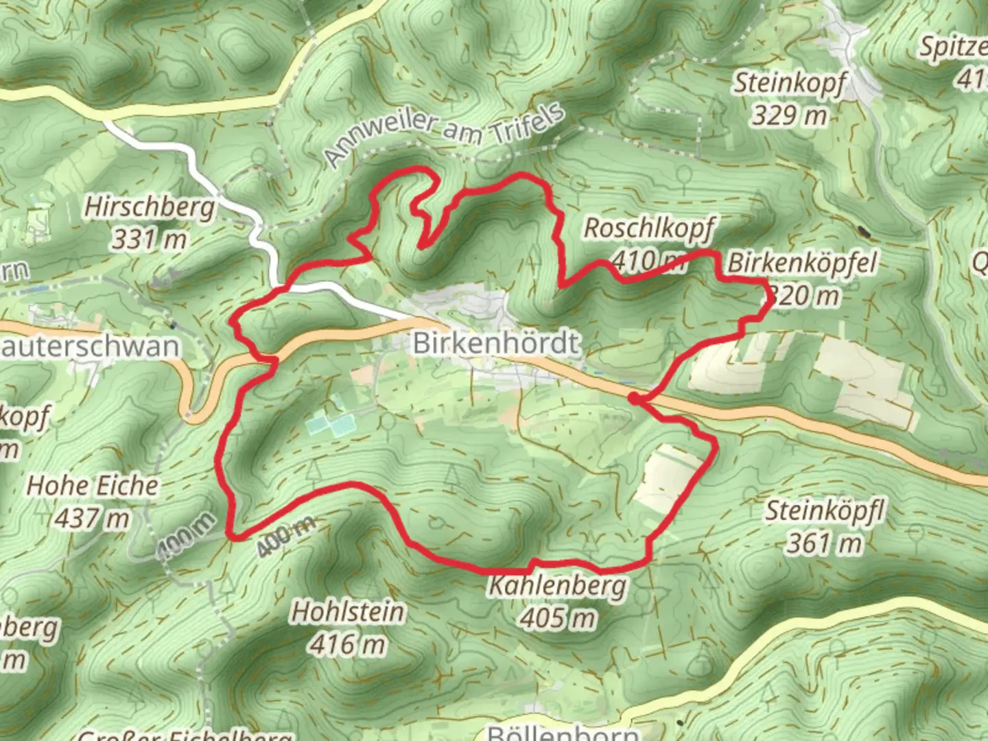 An image depicting the trail Birkenhoerdter Hoehenweg and its surrounding area.