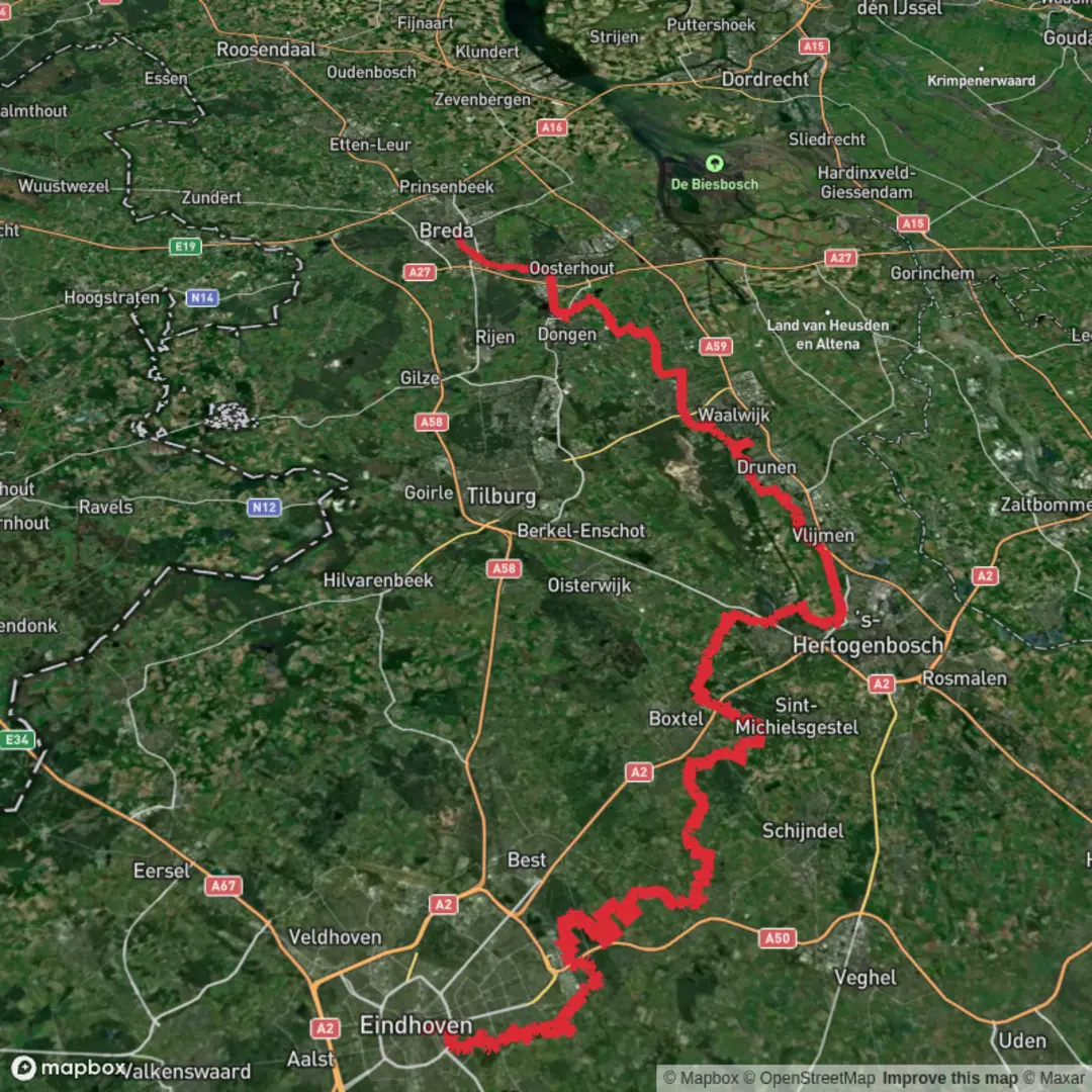 An image depicting the trail Eindhoven to Breda via Nieuwe Heide, Langspier, De ijzeren Man and Teteringse Heide and its surrounding area.