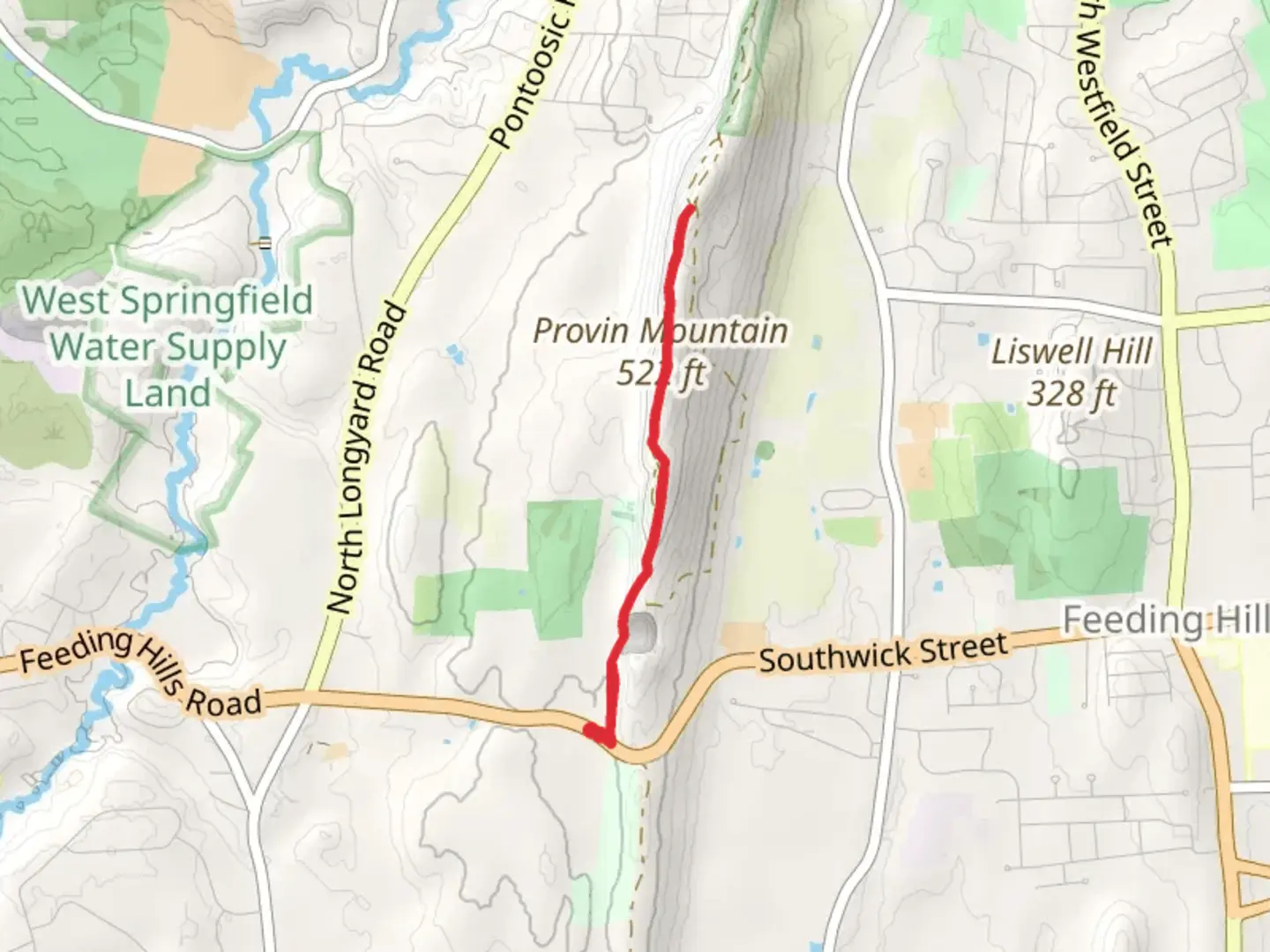 An image depicting the trail Provin Mountain via Metacomet - Monadnock Trail and its surrounding area.