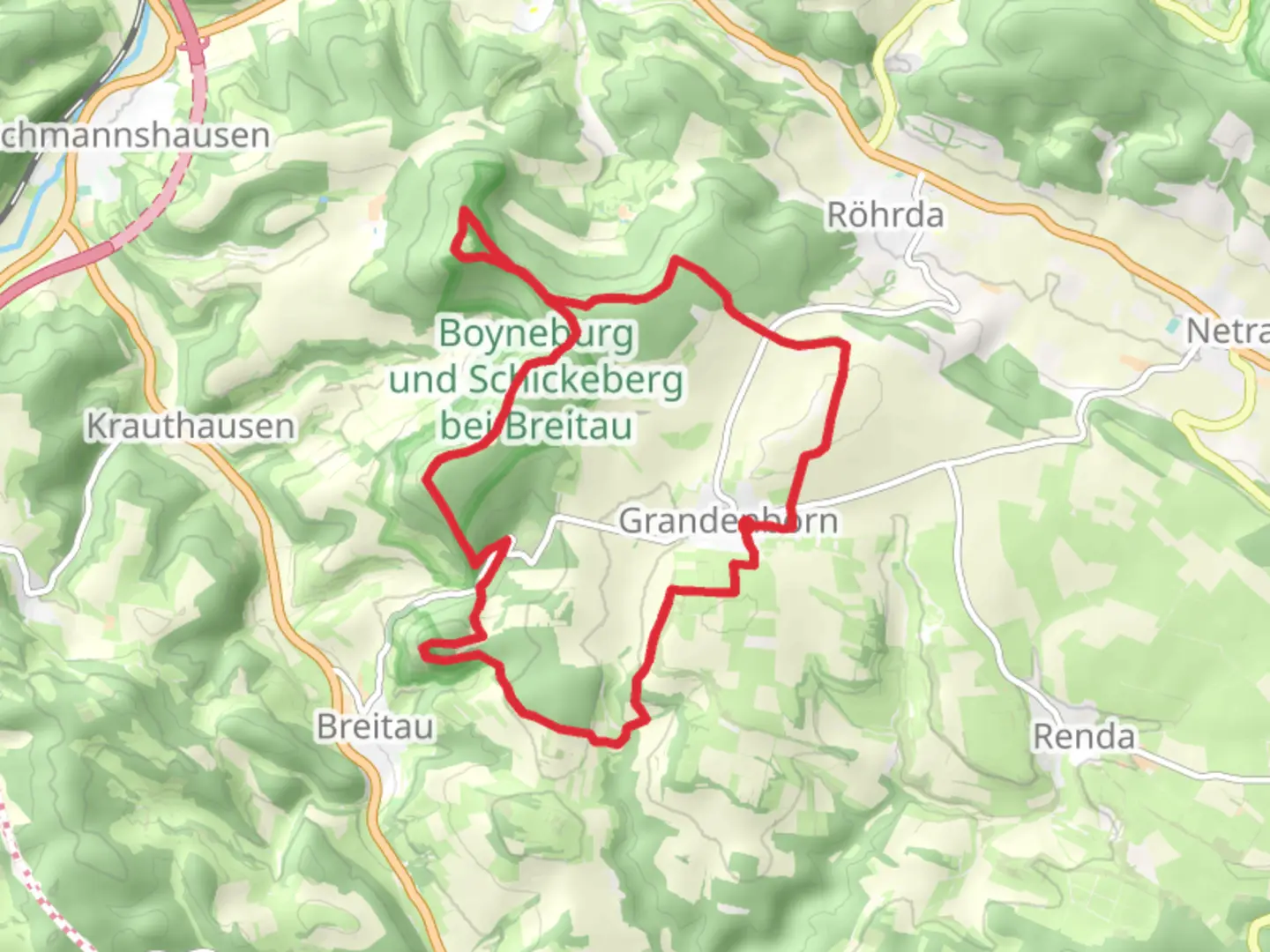 An image depicting the trail Grandenborn and Boyneburg Loop and its surrounding area.