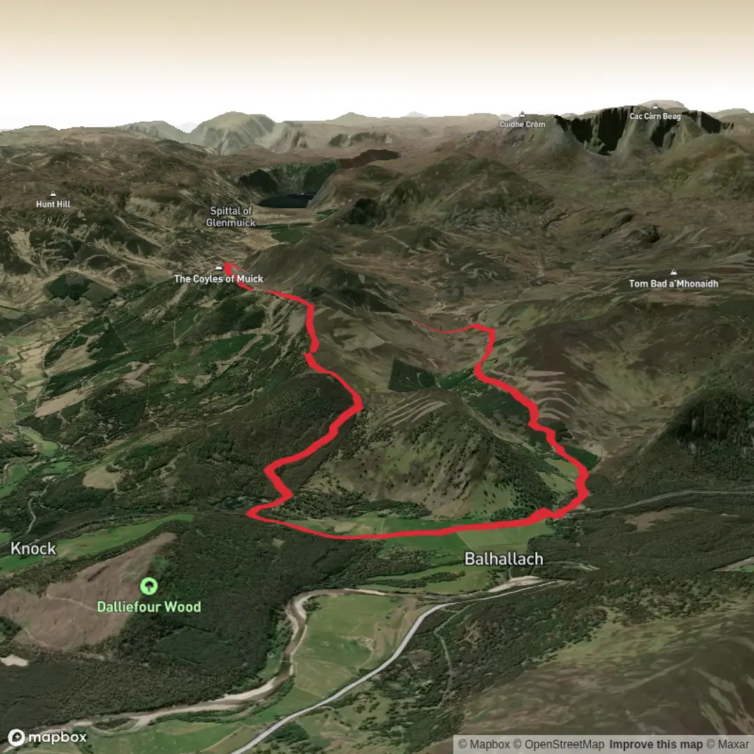 An image depicting the trail Loch Ullachie and The Coyles of Muick Loop and its surrounding area.